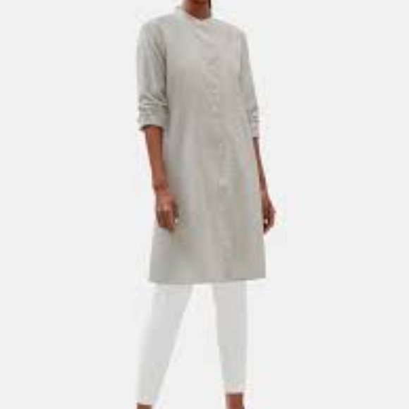 Eileen Fisher Tops - Mandarin Collar Cotton Linen Ticking Stripe Long Shirt